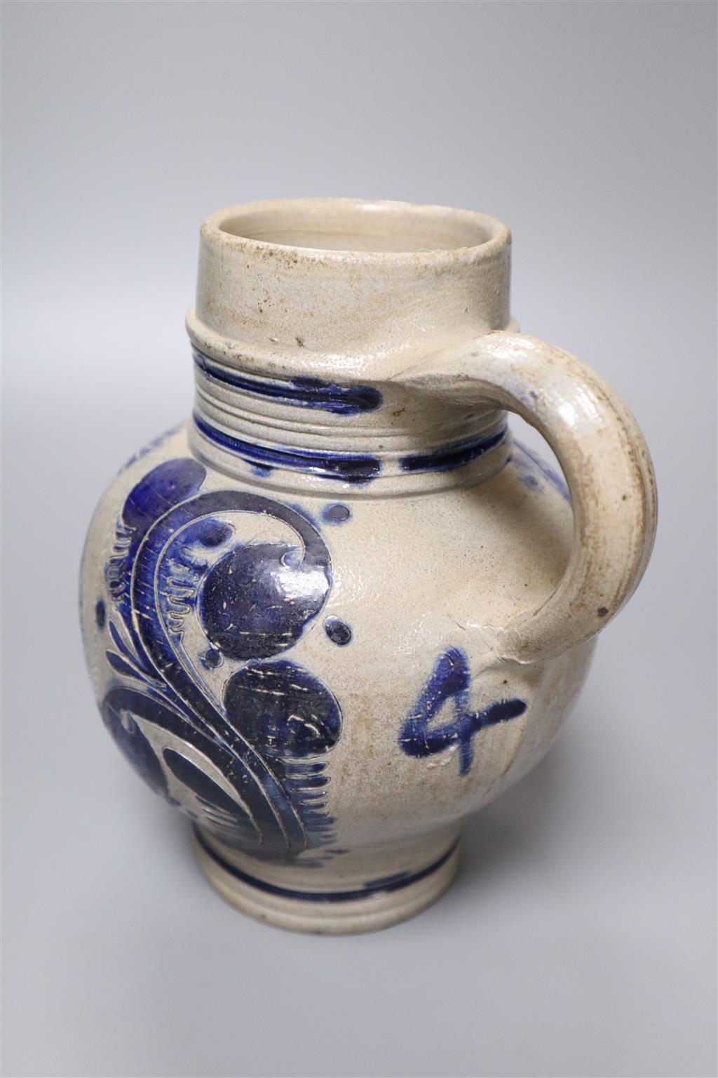 A Westerwald saltglazed jug, monogrammed GR, height 19cm